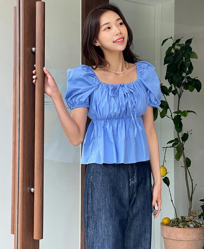 2WAYストリングコットンブラウス・t01236 レディース 【bl】 韓国ファッション トップス ブラウス 2WAY スクエアネック オフショルダー 半袖 パフスリーブ ペプラム ストリング リボン ボリューム コットン 無地 キュート 春 夏 カジュアル