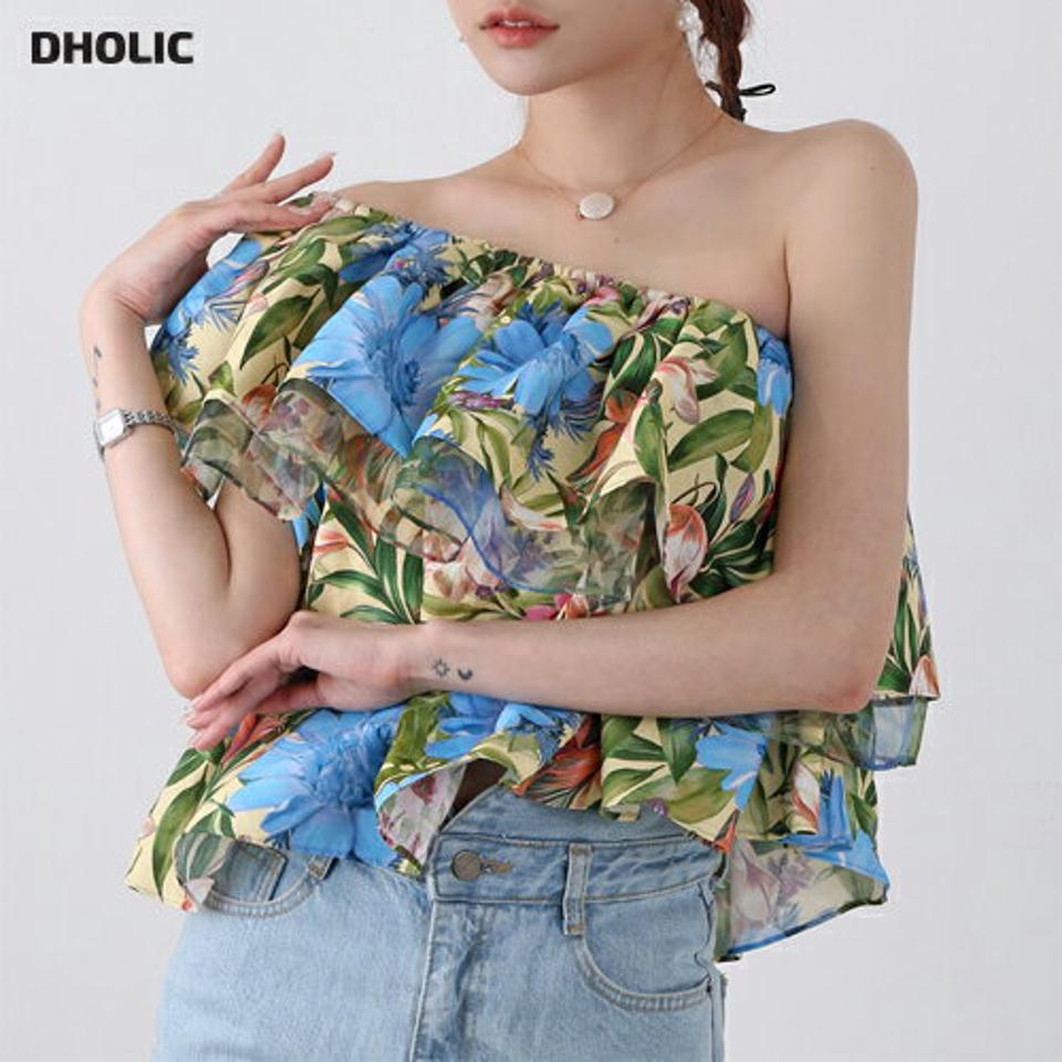 リネン混ボタニカルワンショルノースリーブ・p005870 レディース 【tops】 韓国ファッション トップス ワンショルダー ノースリーブ フレア フリル クロップド リネン混 ボタニカル ボリューム カラフル お出かけ バカンス 春 夏 カジュアル MKT