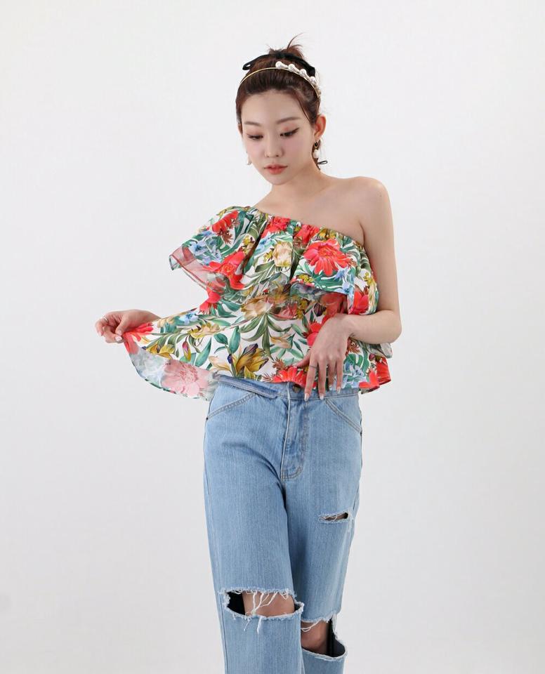 リネン混ボタニカルワンショルノースリーブ・p005870 レディース 【tops】 韓国ファッション トップス ワンショルダー ノースリーブ フレア フリル クロップド リネン混 ボタニカル ボリューム カラフル お出かけ バカンス 春 夏 カジュアル MKT