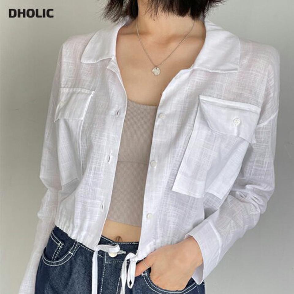 ストリングヘムポケットシャツ・p005809 レディース 【bl】 韓国ファッション トップス シャツ カラーネック 長袖 ドロップショルダー クロップド ストリングヘム ポケット 薄手 コットン 綿100 無地 大人カジュアル 春 夏 カジュアル MKT