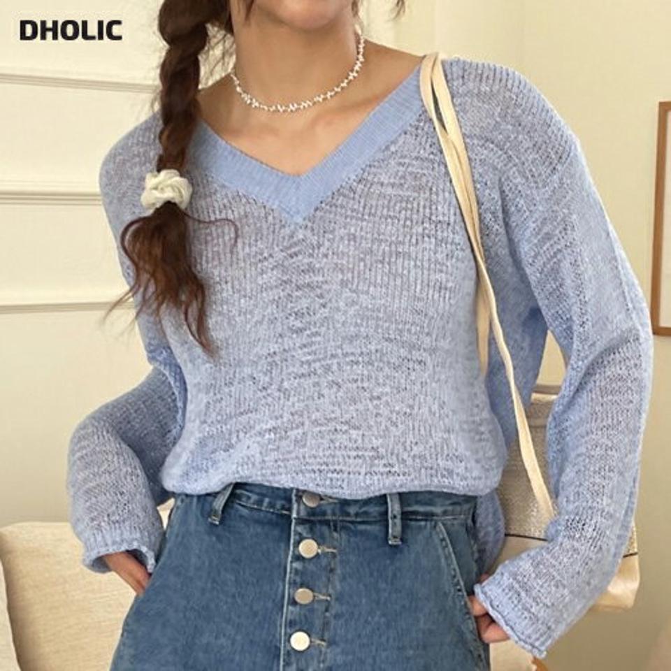 【4DAY限定SALE】Vネックドロップショルダーニット・p005799 レディース 【tops】 韓国ファッション トップス ニット Vネック 長袖 ドロップショルダー 股丈 ルーズフィット ゆったり シアー 薄手 アクリル混 無地 パステル シンプル デイリー 春 夏 カジュアル MKT