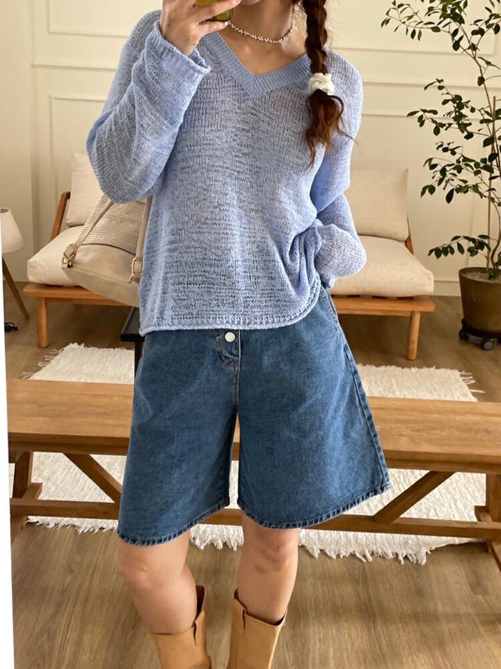 【4DAY限定SALE】Vネックドロップショルダーニット・p005799 レディース 【tops】 韓国ファッション トップス ニット Vネック 長袖 ドロップショルダー 股丈 ルーズフィット ゆったり シアー 薄手 アクリル混 無地 パステル シンプル デイリー 春 夏 カジュアル MKT