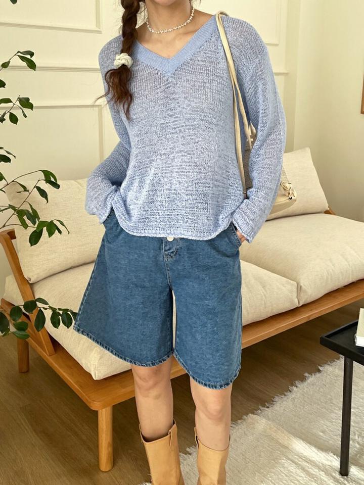 【4DAY限定SALE】Vネックドロップショルダーニット・p005799 レディース 【tops】 韓国ファッション トップス ニット Vネック 長袖 ドロップショルダー 股丈 ルーズフィット ゆったり シアー 薄手 アクリル混 無地 パステル シンプル デイリー 春 夏 カジュアル MKT
