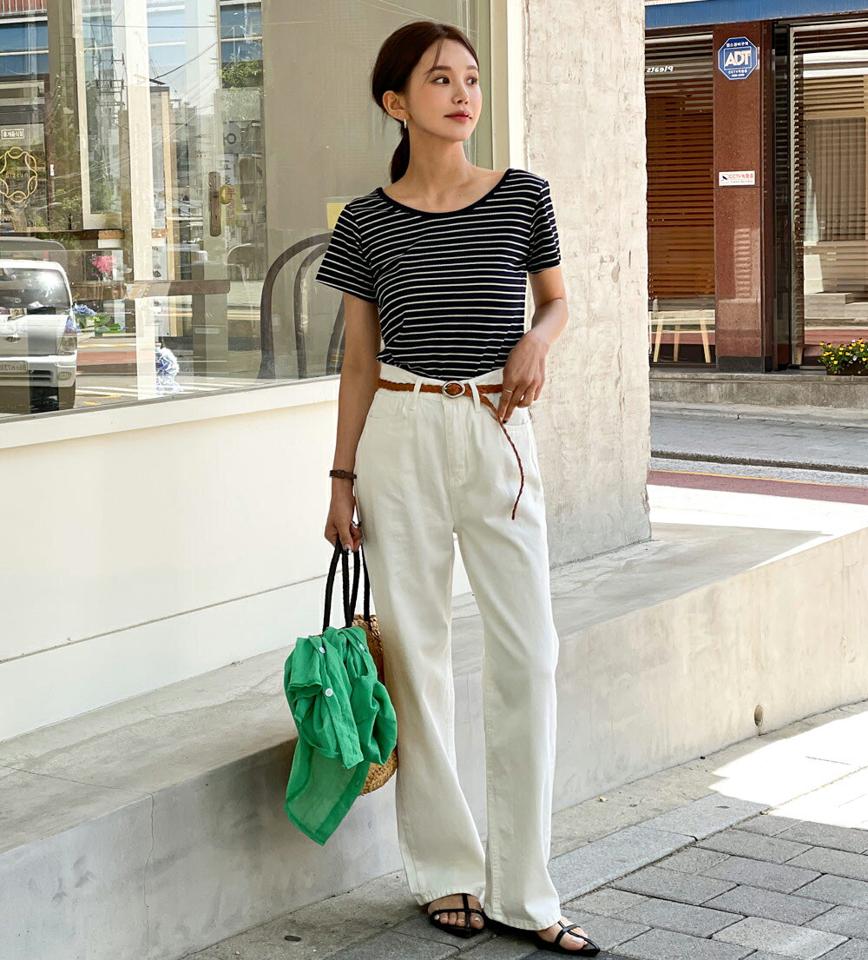 UネックボーダーリブTシャツ・t00826 レディース 【tops】 韓国ファッション トップス Tシャツ Uネック 半袖 ショート丈 ボーダー スリムフィット 細身 レーヨン混 シンプル ベーシック デイリー カラバリ 春 夏 カジュアル