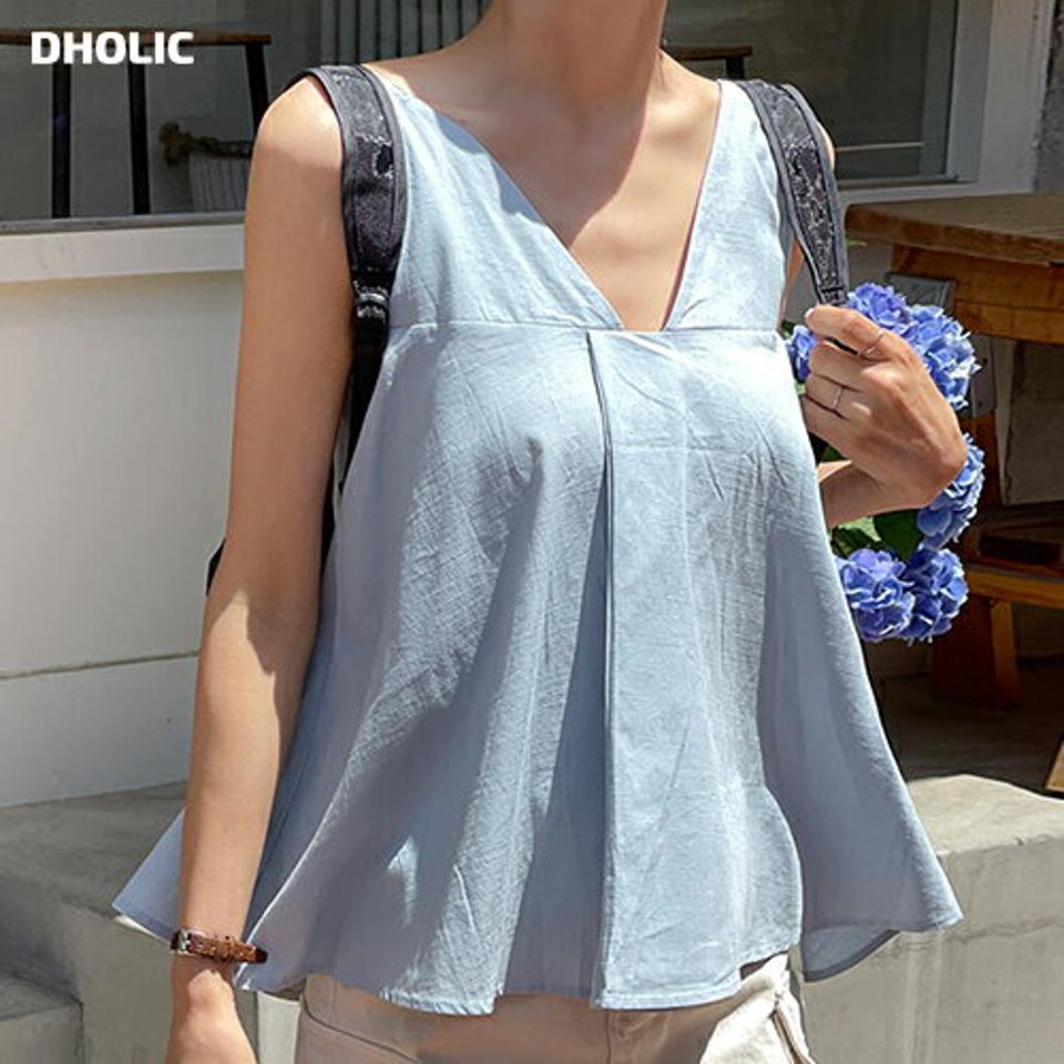 リネン混Vネックタックノースリーブ・t00847 レディース 【tops】 韓国ファッション トップス Vネック ノースリーブ 股丈 ショート丈 フレアスリーブ Aライン タック ゆったり 体型カバー リネン混 無地 フェミニン 春 夏 カジュアル