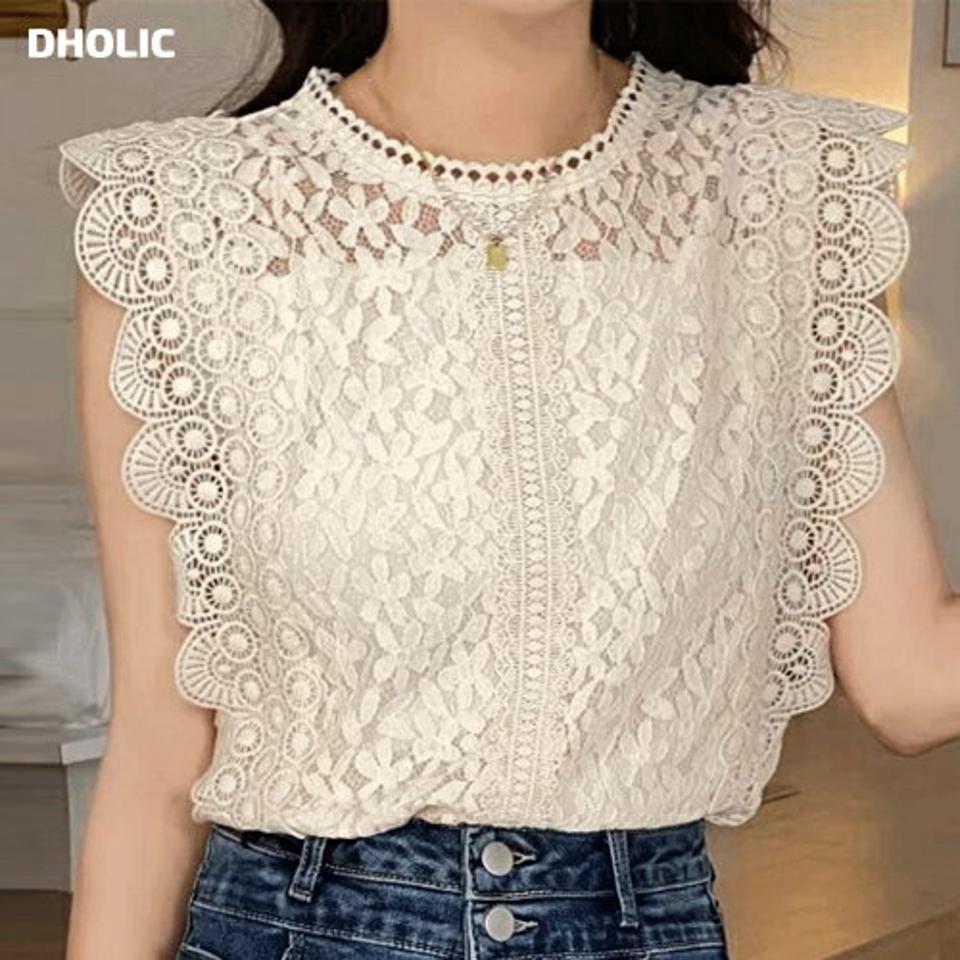 パターンレースノースリーブ・p007126 レディース 【tops】 韓国ファッション トップス ラウンドネック ノースリーブ レースアップ スカラップヘム パターン シアー 花柄 フェミニン パステル お呼ばれ お出かけ 春 夏 カジュアル MKT