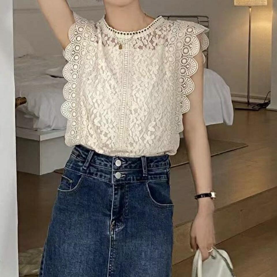 パターンレースノースリーブ・p007126 レディース 【tops】 韓国ファッション トップス ラウンドネック ノースリーブ レースアップ スカラップヘム パターン シアー 花柄 フェミニン パステル お呼ばれ お出かけ 春 夏 カジュアル MKT