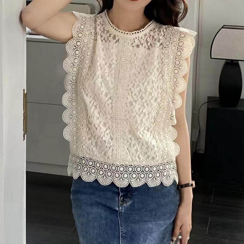 パターンレースノースリーブ・p007126 レディース 【tops】 韓国ファッション トップス ラウンドネック ノースリーブ レースアップ スカラップヘム パターン シアー 花柄 フェミニン パステル お呼ばれ お出かけ 春 夏 カジュアル MKT