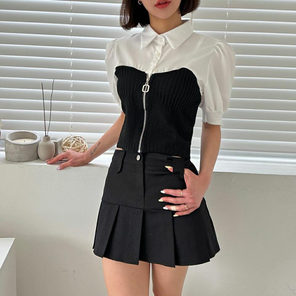 ニットドッキングジップカラーブラウス・p005929 レディース 【bl】 韓国ファッション トップス ブラウス カラーネック 半袖 パフスリーブ クロップド ドッキング ニット ボタン ジップ 無地 ガーリー お出かけ 春 夏 カジュアル MKT