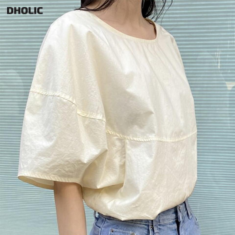 【マラソン特価】コットンバルーンブラウス・p005937 レディース 【bl】 韓国ファッション トップス ブラウス ラウンドネック 半袖 バルーンスリーブ ショート丈 ボリューム コットン 綿100 無地 モノトーン キュート 春 夏 カジュアル MKT