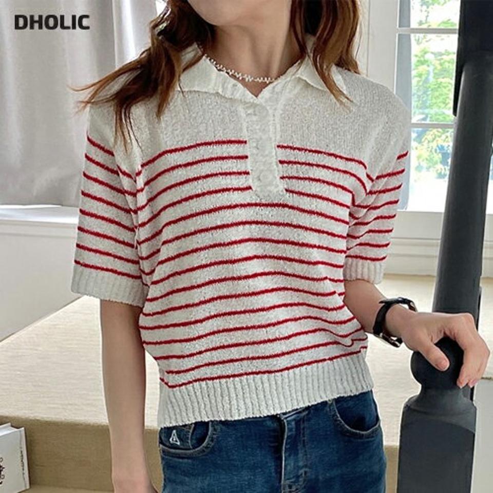 【4DAY限定SALE】ボーダーポロカラー半袖ニット・p005894 レディース 【tops】 韓国ファッション トップス ニット カラーネック ポロカラー 半袖 ショート丈 ボーダー リブヘム ナチュラルライン アクリル カラフル 配色 キュート レトロ 春 夏 カジュアル MKT
