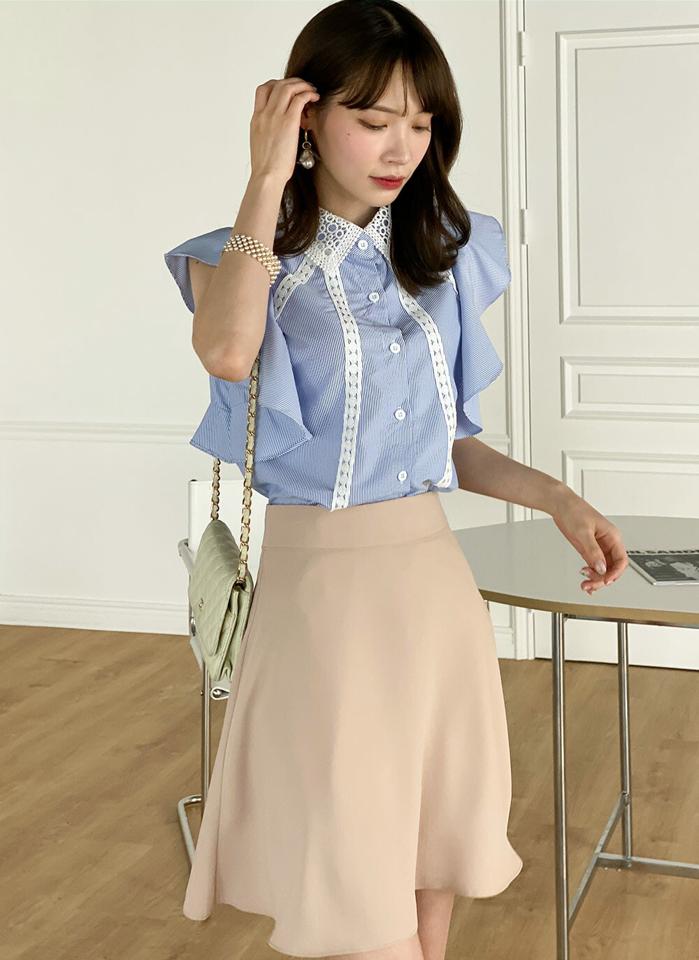 2WAYレースフリルブラウス・b00776 レディース 【bl】 韓国ファッション トップス ブラウス レースカラー ノースリーブ フリルスリーブ レースカラー 2WAY ストライプ 無地 ボリューム ガーリー ラブリー 春 夏 カジュアル