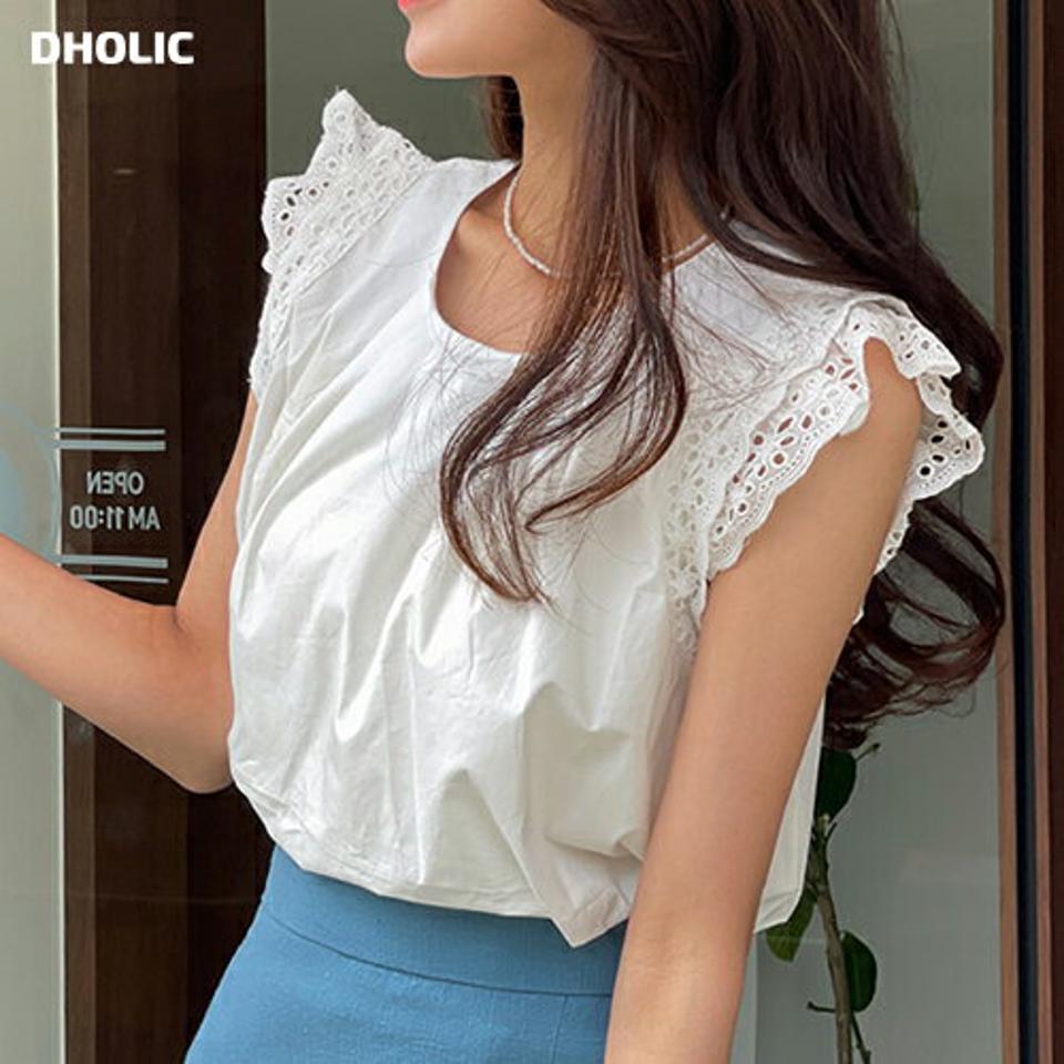 2TYPEレースフリルノースリーブ・t01234 レディース 【tops】 韓国ファッション トップス 2TYPE ラウンドネック ノースリーブ ショート丈 レース フリル ナチュラルライン パターン 刺? 無地 ガーリー 大人カジュアル 春 夏 カジュアル