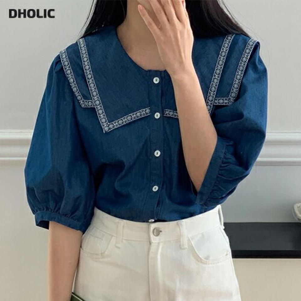 【マラソン特価】ダブルカラー配色デニムブラウス・p005853 レディース 【bl】 韓国ファッション トップス ブラウス カラーネック ダブルカラー 半袖 バルーンスリーブ デニム 配色 ボリューム コットン混 無地 キュート お出かけ 春 夏 カジュアル MKT