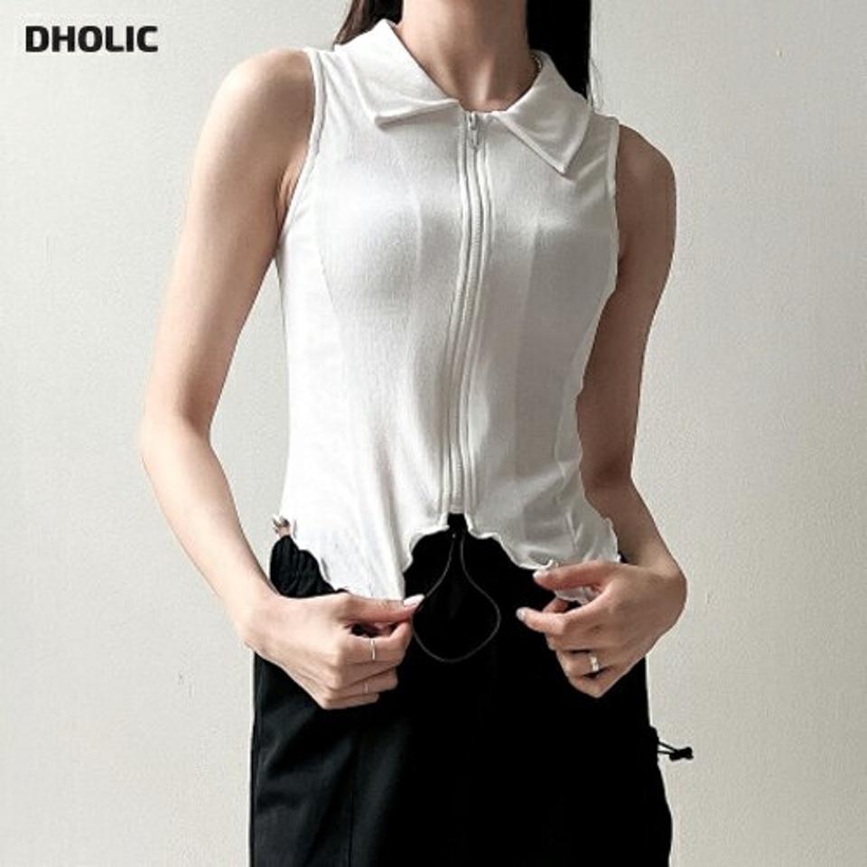 【4DAY限定SALE】メロウヘムジップカラーノースリーブ・p005775 レディース 【tops】 韓国ファッション トップス カラーネック ノースリーブ クロップド メロウヘム ジップアップ スリムフィット タイト 細身 無地 レトロ ガーリー お出かけ 春 夏 カジュアル MKT