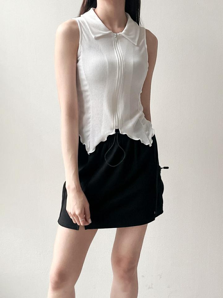 【4DAY限定SALE】メロウヘムジップカラーノースリーブ・p005775 レディース 【tops】 韓国ファッション トップス カラーネック ノースリーブ クロップド メロウヘム ジップアップ スリムフィット タイト 細身 無地 レトロ ガーリー お出かけ 春 夏 カジュアル MKT