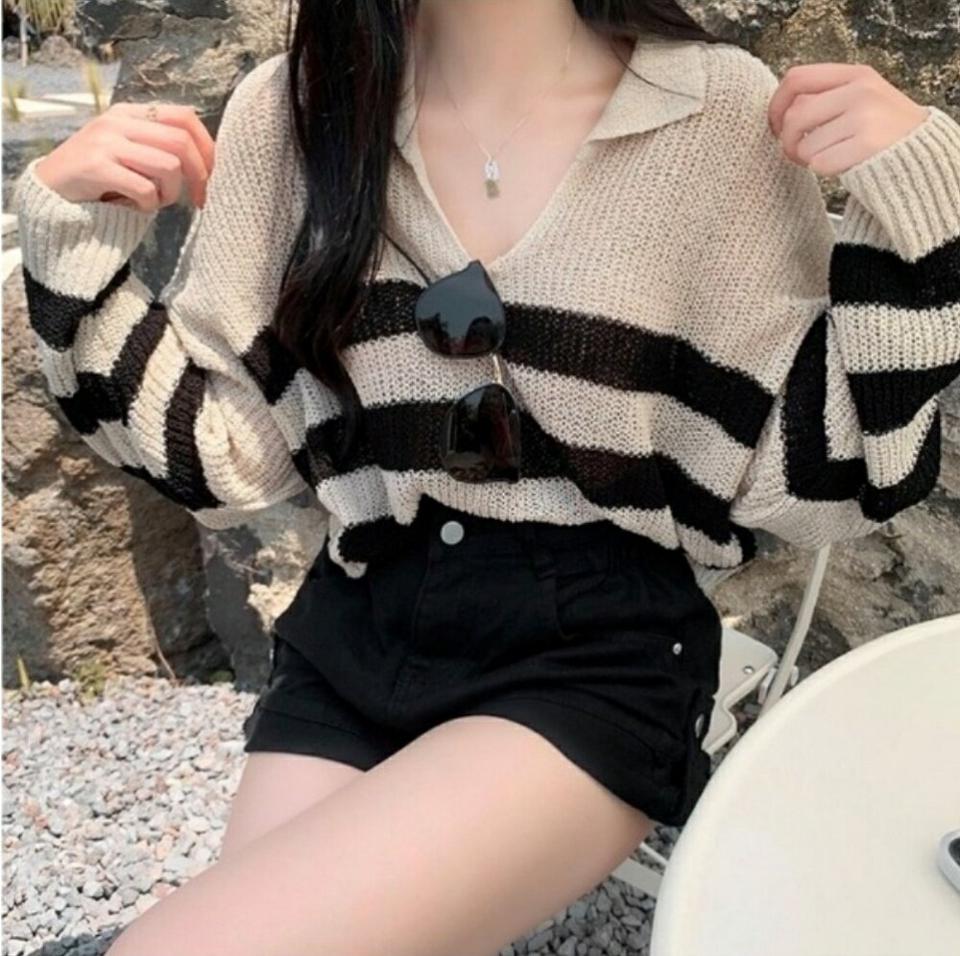 ボーダースキッパーニット・p005743 レディース 【tops】 韓国ファッション トップス ニット カラーネック スキッパー 長袖 ドロップショルダー ショート丈 ボーダー ルーズフィット サマーニット カラバリ デイリー 春 夏 カジュアル MKT