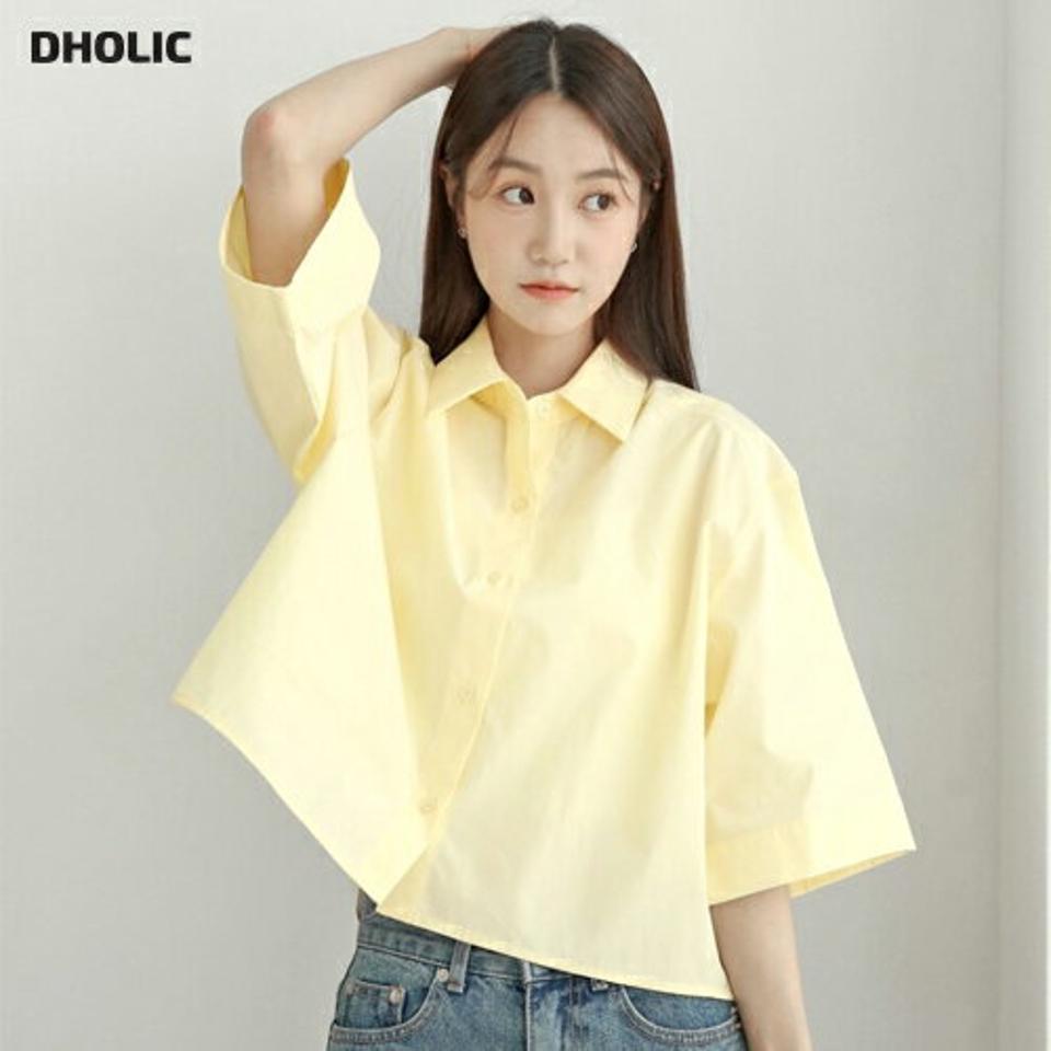 コットンカラークロップドシャツ・p005646 レディース 【bl】 韓国ファッション トップス シャツ カラーネック 半袖 ドロップショルダー クロップド ボタン ボクシーシルエット コットン 綿100 無地 カラバリ パステル 春 夏 カジュアル MKT