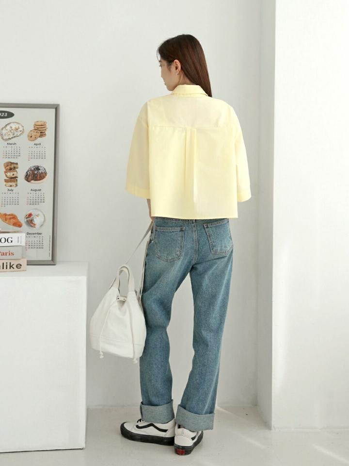 コットンカラークロップドシャツ・p005646 レディース 【bl】 韓国ファッション トップス シャツ カラーネック 半袖 ドロップショルダー クロップド ボタン ボクシーシルエット コットン 綿100 無地 カラバリ パステル 春 夏 カジュアル MKT
