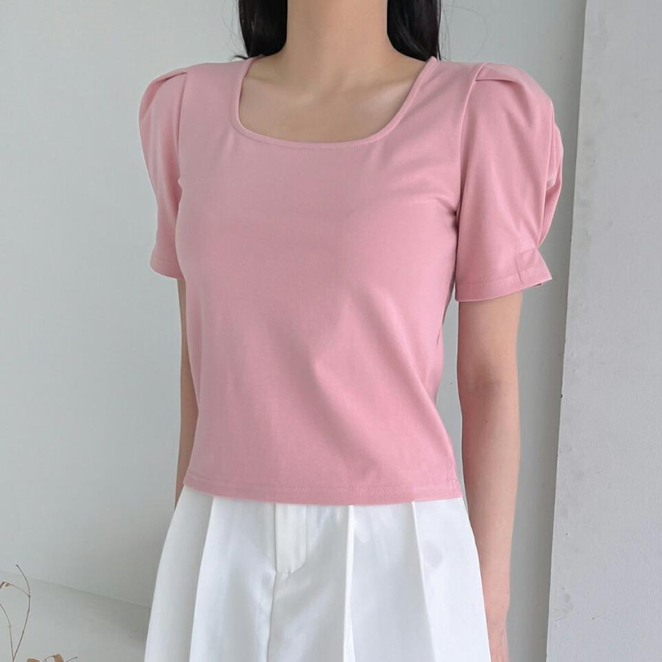 スクエアパフスリーブTシャツ・p005860 レディース 【tops】 韓国ファッション トップス Tシャツ スクエアネック 半袖 パフスリーブ ショート丈 股丈 コットン混 無地 シンプル カラバリ パステル シンプル フェミニン 春 夏 カジュアル MKT
