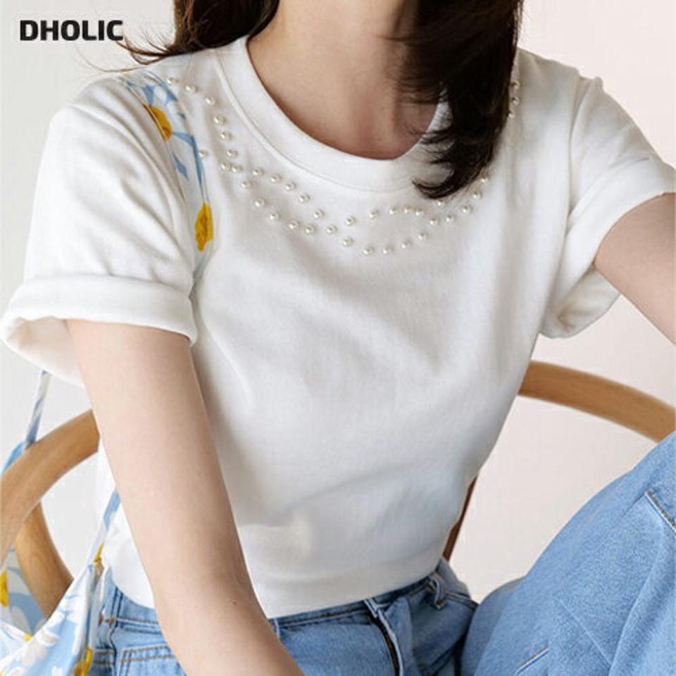 ウェーブフェイクパール半袖Tシャツ・b00953 レディース 【tops】 韓国ファッション トップス Tシャツ ラウンドネック 半袖 クロップド ウェーブ フェイクパール ナチュラルライン コットン混 無地 ガーリー ラブリー 春 夏 カジュアル