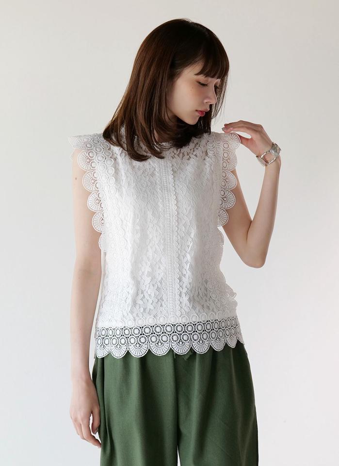 花柄サークルレースノースリーブ・b00957 レディース 【tops】 韓国ファッション トップス ラウンドネック ノースリーブ 花柄 サークルレース スカラップヘム シアー フェミニン お呼ばれ お出かけ ラブリー 春 夏 カジュアル