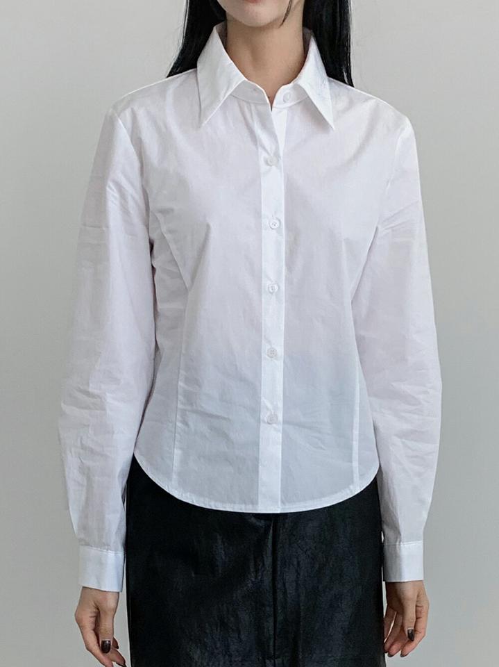 カーブラインクロップドシャツ・p006075 レディース 【bl】 韓国ファッション トップス シャツ カラーネック 長袖 股丈 クロップド ラウンドヘム スリムフィット カーブライン コットン 無地 モノトーン シンプル 春 夏 秋 カジュアル MKT