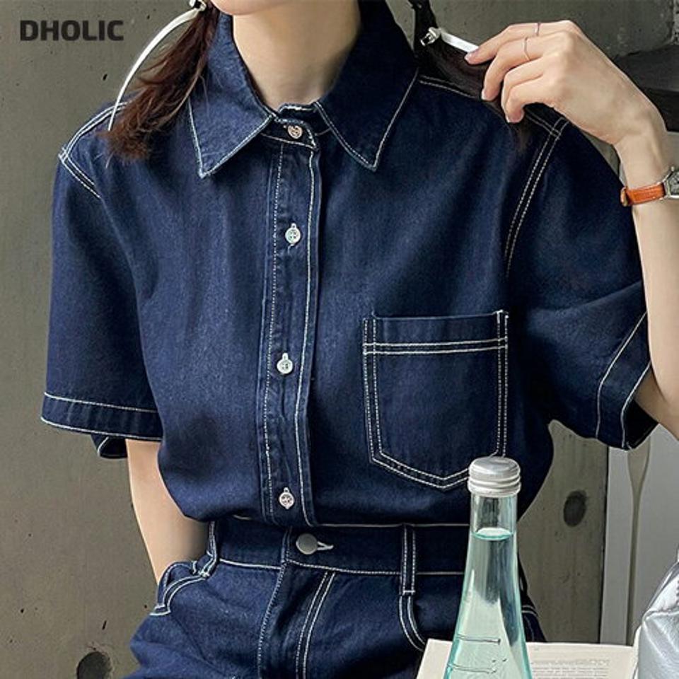 ステッチ半袖デニムシャツ・t00684 レディース 【bl】 韓国ファッション トップス シャツ デニム カラーネック 半袖 ステッチ ワンポケット フロントボタン ナチュラルライン コットン 無地 単色 シンプル レトロ 春 夏 カジュアル