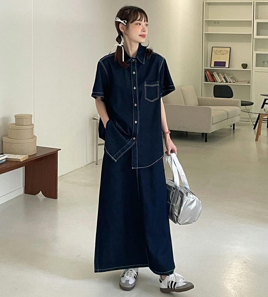 ステッチ半袖デニムシャツ・t00684 レディース 【bl】 韓国ファッション トップス シャツ デニム カラーネック 半袖 ステッチ ワンポケット フロントボタン ナチュラルライン コットン 無地 単色 シンプル レトロ 春 夏 カジュアル