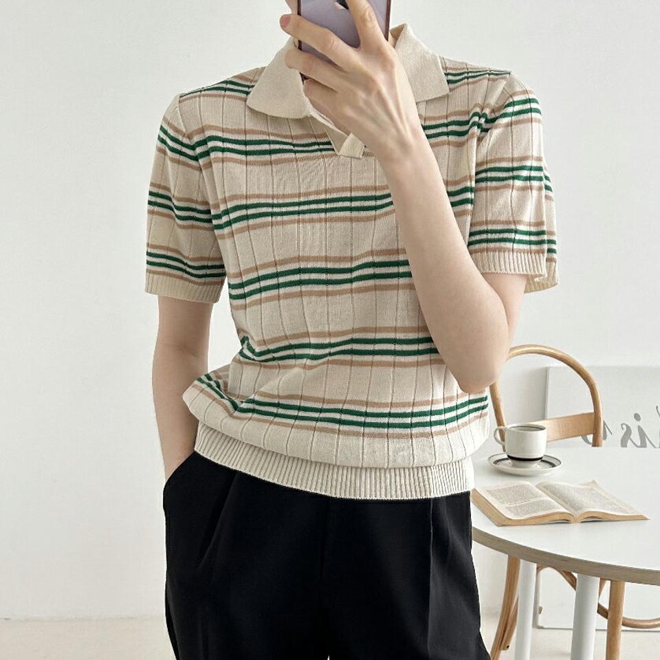 スキッパーボーダー半袖ニット・p006103 レディース 【tops】 韓国ファッション トップス ニット カラーネック スキッパー 半袖 ショート丈 ボーダー マルチボーダー 配色 リブヘム ナチュラルライン 大人カジュアル 春 夏 カジュアル MKT