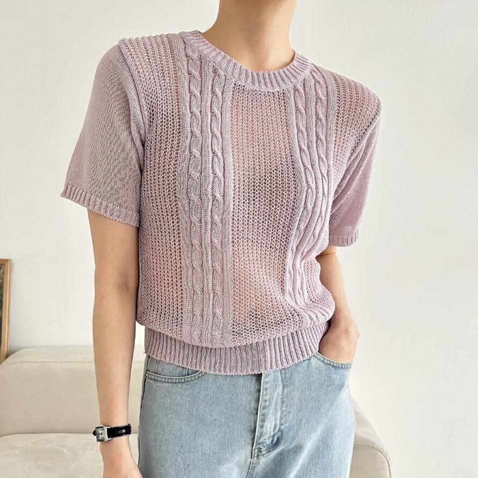 【マラソン特価】シースルー半袖ケーブルニット・p006098 レディース 【tops】 韓国ファッション トップス ニット ラウンドネック 半袖 ショート丈 リブヘム ケーブル シースルー シアー 透け感 無地 セクシー 大人カジュアル 春 夏 カジュアル MKT