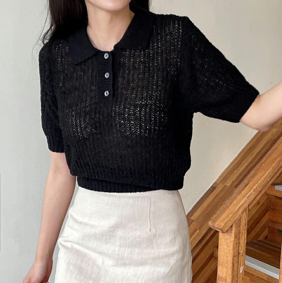 ポロカラー半袖シアーニット・p006071 レディース 【tops】 韓国ファッション トップス ニット カラーネック ポロカラー 半袖 ショート丈 スリムフィット リブヘム シアー 透け感 無地 シンプル 大人カジュアル デイリー 春 夏 カジュアル MKT
