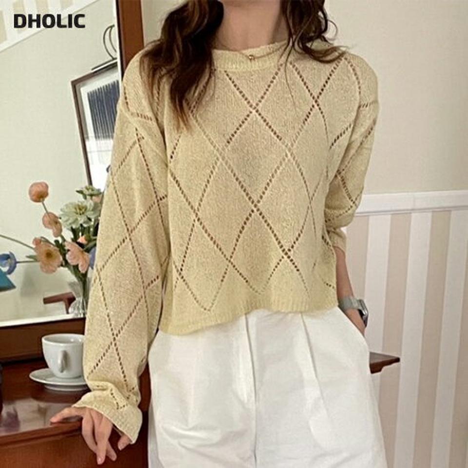 ダイヤパターンシアーニット・p006000 レディース 【tops】 韓国ファッション トップス ニット ボートネック 長袖 クロップド ショート丈 リブヘム ダイヤパターン ルーズフィット ゆったり シアー 透け感 大人カジュアル 春 夏 カジュアル MKT