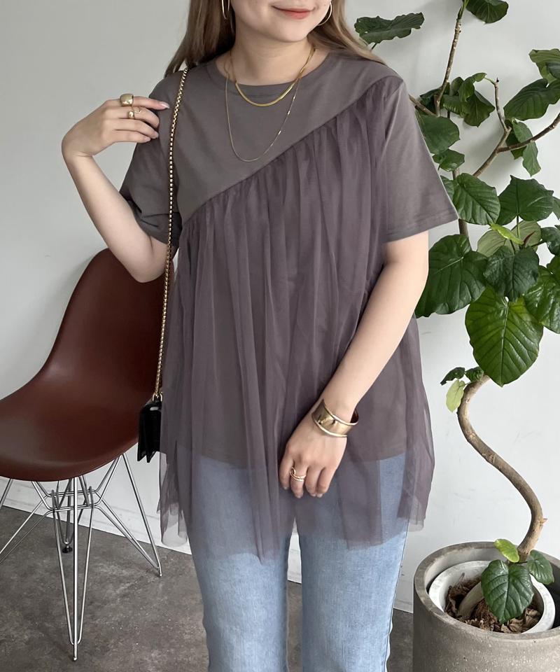 アシンメトリーチュールレイヤードTシャツ