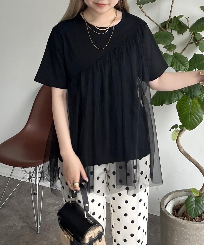 アシンメトリーチュールレイヤードTシャツ