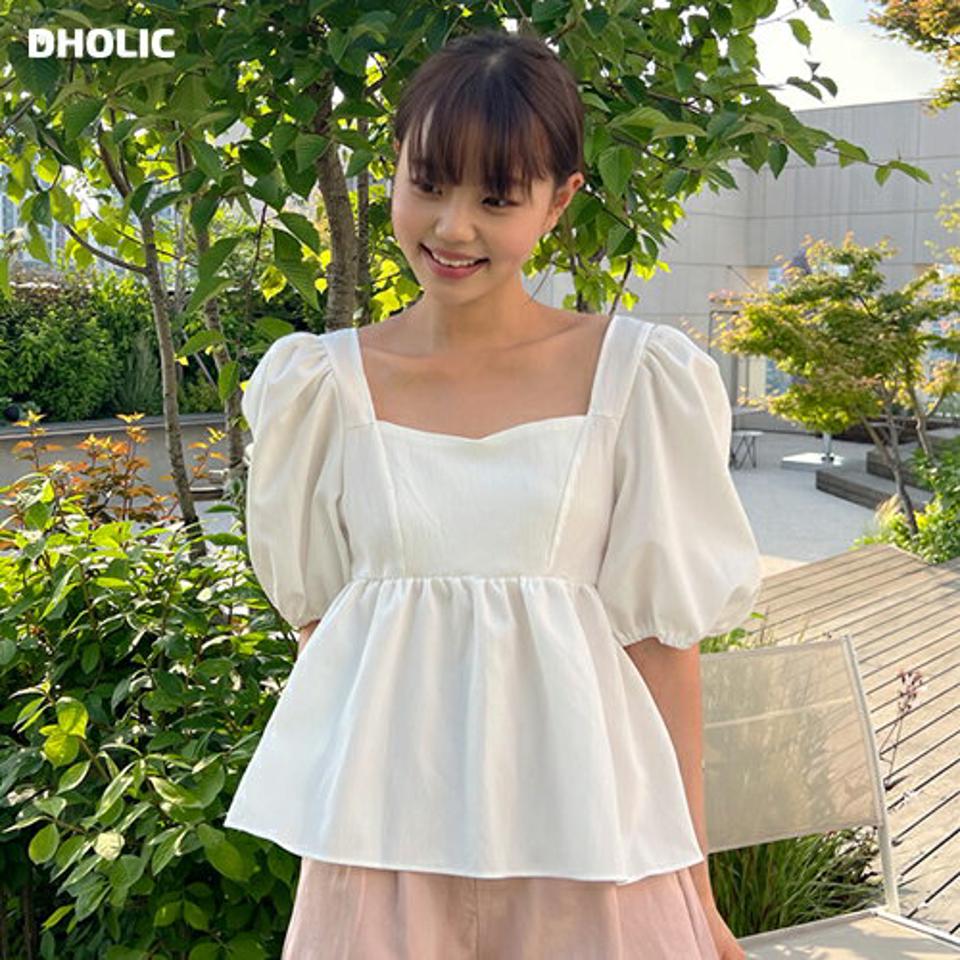 バックリボンペプラムブラウス・t01293 レディース 【bl】 韓国ファッション トップス ブラウス スクエアネック 半袖 パフバルーンスリーブ ペプラム フレアヘム ボリューム バックリボン 無地 キュート ガーリー 春 夏 カジュアル