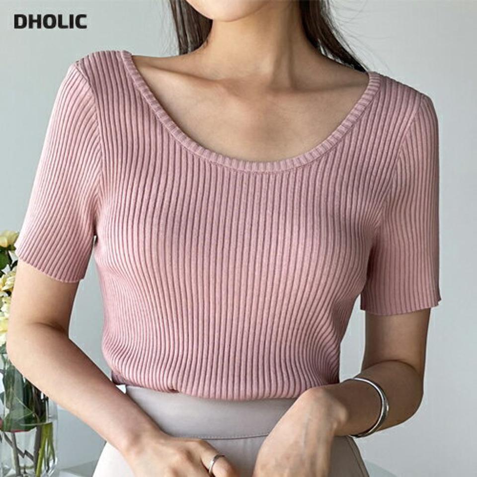 Uネックリブ半袖ニット・t01299 レディース 【tops】 韓国ファッション トップス ニット Uネック 半袖 ショート丈 クロップド リブ スリムフィット タイト 細身 アクリル 無地 カラバリ シンプル デイリー 春 夏 カジュアル