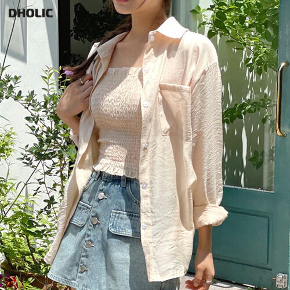 シャーリングキャミ&ルーズシャツSET・t01307 レディース 【tops】 韓国ファッション アンサンブル キャミソール スクエアネック クロップド シャーリング シャツ 長袖 ルーズフィット シアー 無地 ガーリー デイリー 春 夏 カジュアル