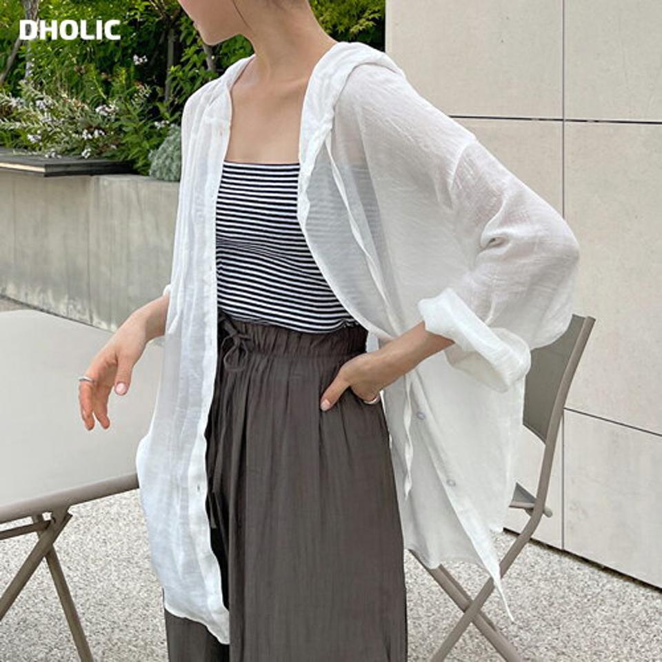 ストリング付フードシアーオーバーシャツ・t01308 レディース 【bl】 韓国ファッション トップス シャツ フード 長袖 ストリング付 ミドル丈 ラウンドヘム オーバーフィット ルーズ シアー 透け感 無地 大人カジュアル 春 夏 カジュアル