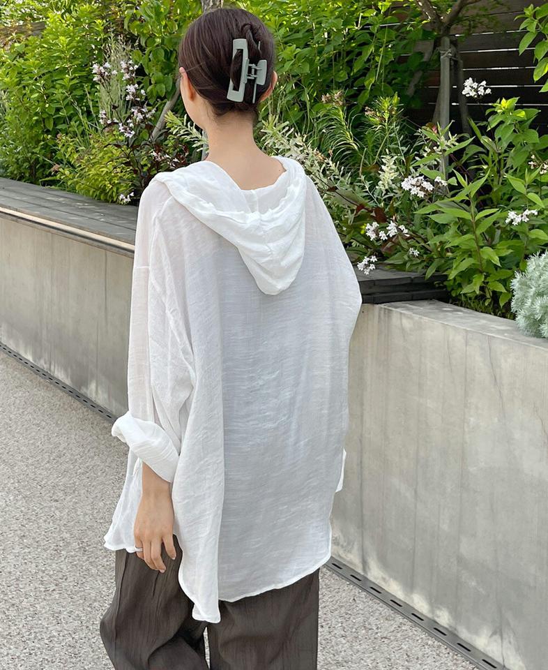 ストリング付フードシアーオーバーシャツ・t01308 レディース 【bl】 韓国ファッション トップス シャツ フード 長袖 ストリング付 ミドル丈 ラウンドヘム オーバーフィット ルーズ シアー 透け感 無地 大人カジュアル 春 夏 カジュアル