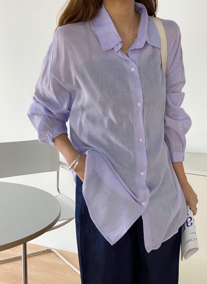 シアーボクシーシャツ・t00843 レディース 【bl】 韓国ファッション トップス シャツ カラーネック 長袖 ドロップショルダー ルーズフィット ボクシー シアー 透け感 無地 カラフル カラバリ デイリー 春 夏 カジュアル
