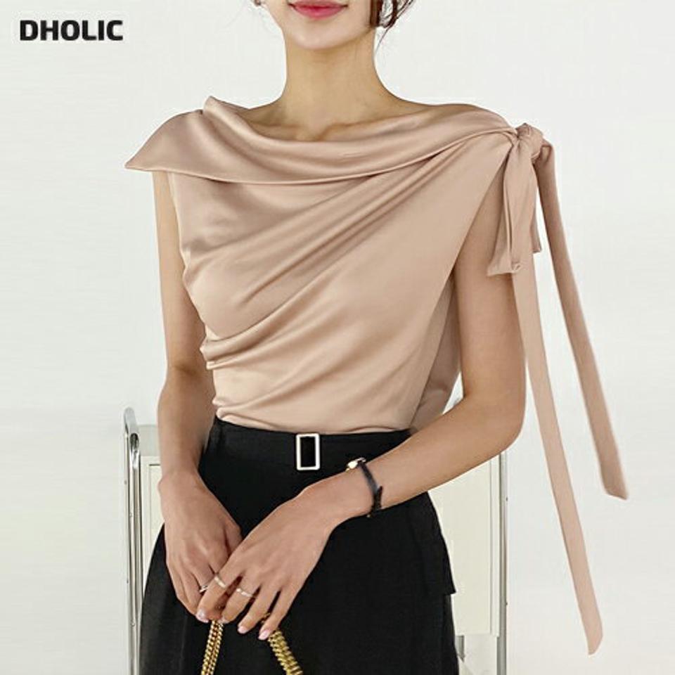2WAYリボンノースリーブ・t01284 レディース 【tops】 韓国ファッション トップス 2WAY ボートネック ワンショルダー ノースリーブ リボン スリムフィット ドレープ 光沢 無地 フェミニン お呼ばれ モード 大人 春 夏 カジュアル