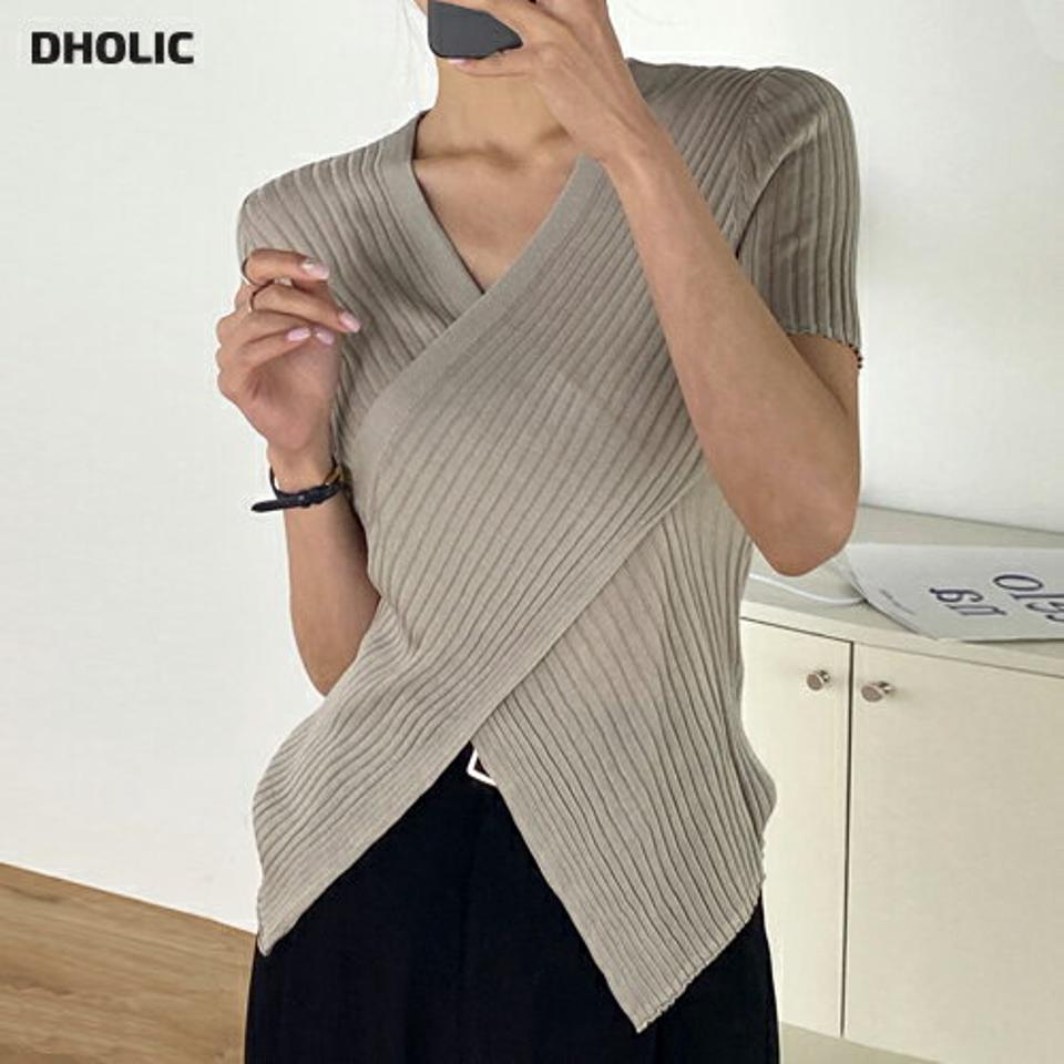 リネン混クロス半袖リブニット・u01298 レディース 【tops】 韓国ファッション トップス ニット Vネック カシュクール クロス 半袖 アンバランス丈 リブ スリムフィット 細身 リネン混 無地 モード 大人カジュアル 春 夏 カジュアル