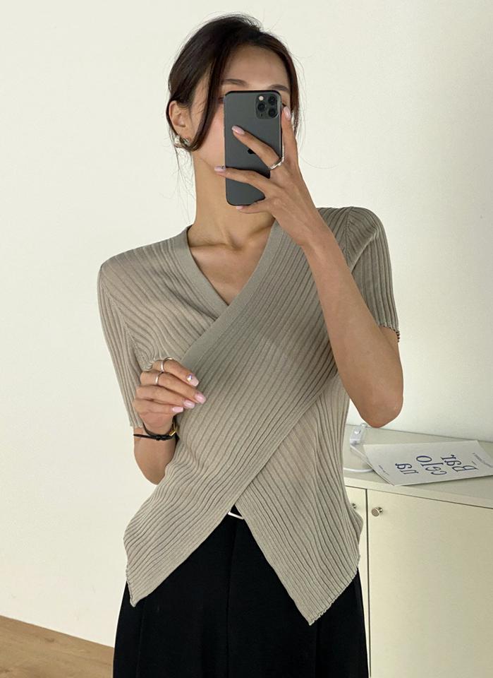 リネン混クロス半袖リブニット・u01298 レディース 【tops】 韓国ファッション トップス ニット Vネック カシュクール クロス 半袖 アンバランス丈 リブ スリムフィット 細身 リネン混 無地 モード 大人カジュアル 春 夏 カジュアル