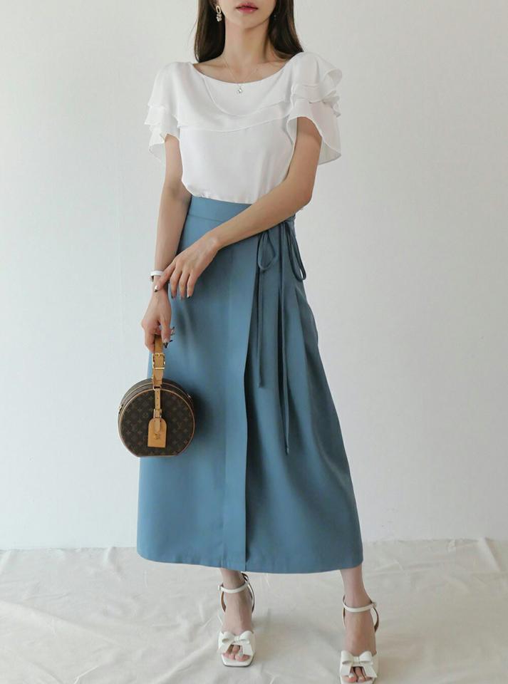 【4DAY限定SALE】アンバランスカラーブラウス・01014 レディース 【bl】 韓国ファッション トップス ブラウス カラーネック アンバランスカラー 半袖 フレア 股丈 ボリューム シアー 無地 フェミニン お出かけ ラブリー 春 夏 カジュアル