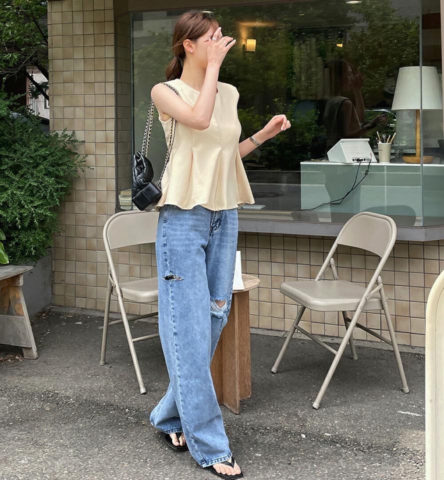 ツイードペプラムノースリーブ・t00903 レディース 【tops】 韓国ファッション トップス ノースリーブ ラウンドネック クロップド ショート丈 ペプラム ツイード フレアヘム ボリューム 無地 オフィスカジュアル モード 春 夏 カジュアル