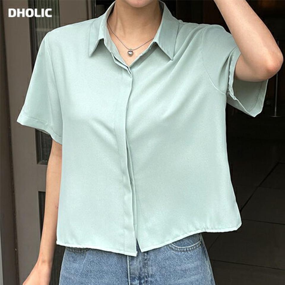 フライフロントクロップド半袖シャツ・t00868 レディース 【bl】 韓国ファッション トップス シャツ カラーネック 半袖 ショート丈 フライフロント クロップド ゆったり 無地 カラバリ オフィスカジュアル シンプル 春 夏 カジュアル
