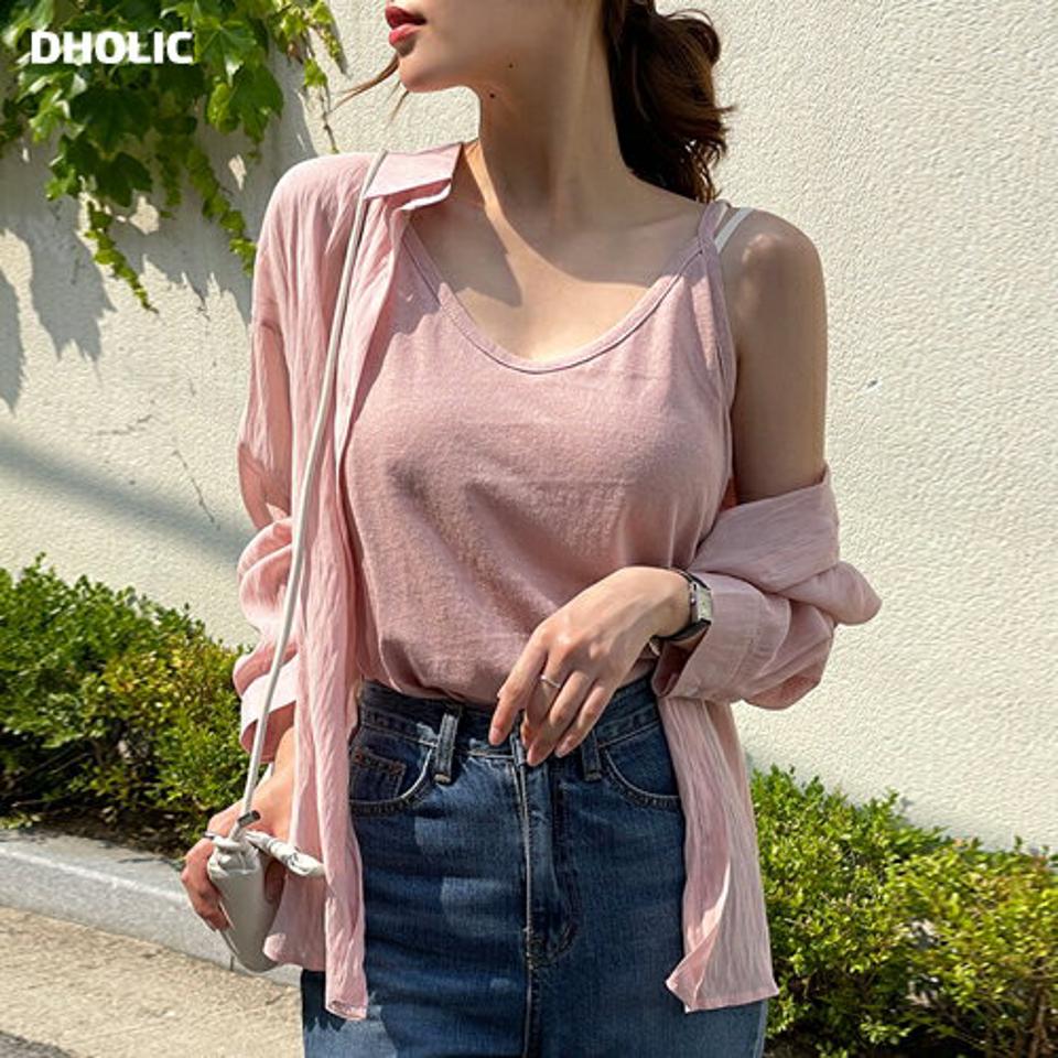 キャミ&シアーシャツSET・t00872 レディース 【tops】 韓国ファッション アンサンブル キャミソール Uネック ショート丈 シャツ カラーネック 長袖 股丈 リンクル ルーズフィット シアー 無地 パステル デイリー 春 夏 カジュアル