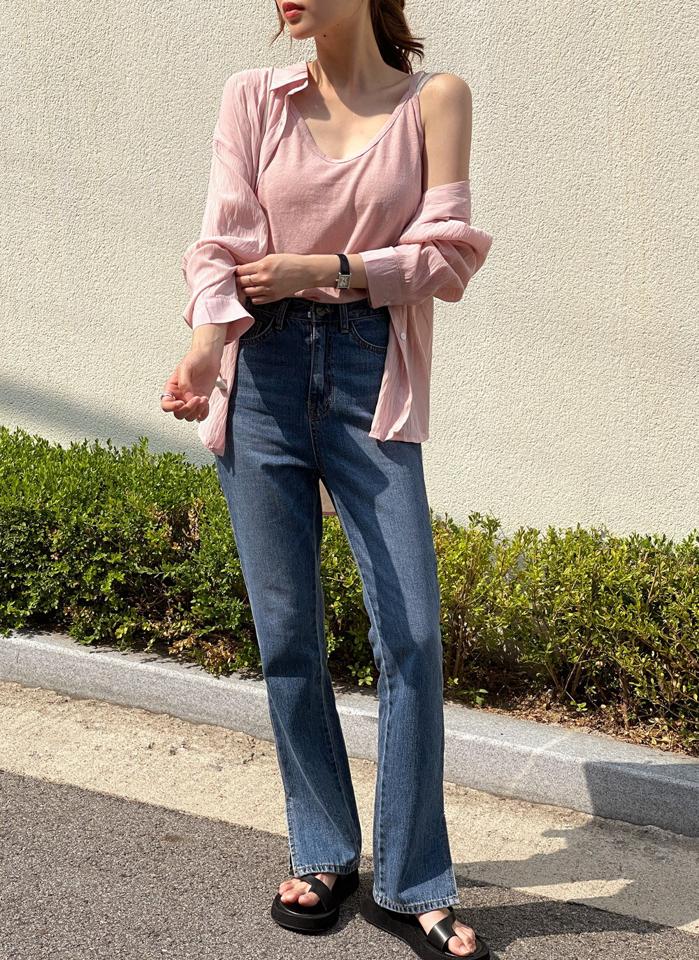 キャミ&シアーシャツSET・t00872 レディース 【tops】 韓国ファッション アンサンブル キャミソール Uネック ショート丈 シャツ カラーネック 長袖 股丈 リンクル ルーズフィット シアー 無地 パステル デイリー 春 夏 カジュアル