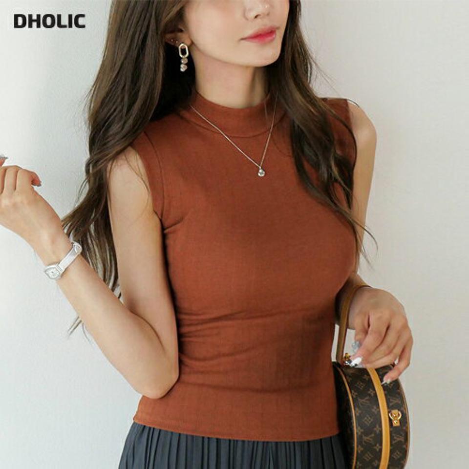 【8/14-16 ポイント15倍】ハーフネックリブノースリーブ・t01007 レディース 【tops】 韓国ファッション トップス ハーフネック ノースリーブ ショート丈 リブ スリムフィット 細身 タイト 無地 モード シンプル 大人カジュアル お出かけ 春 夏 カジュアル